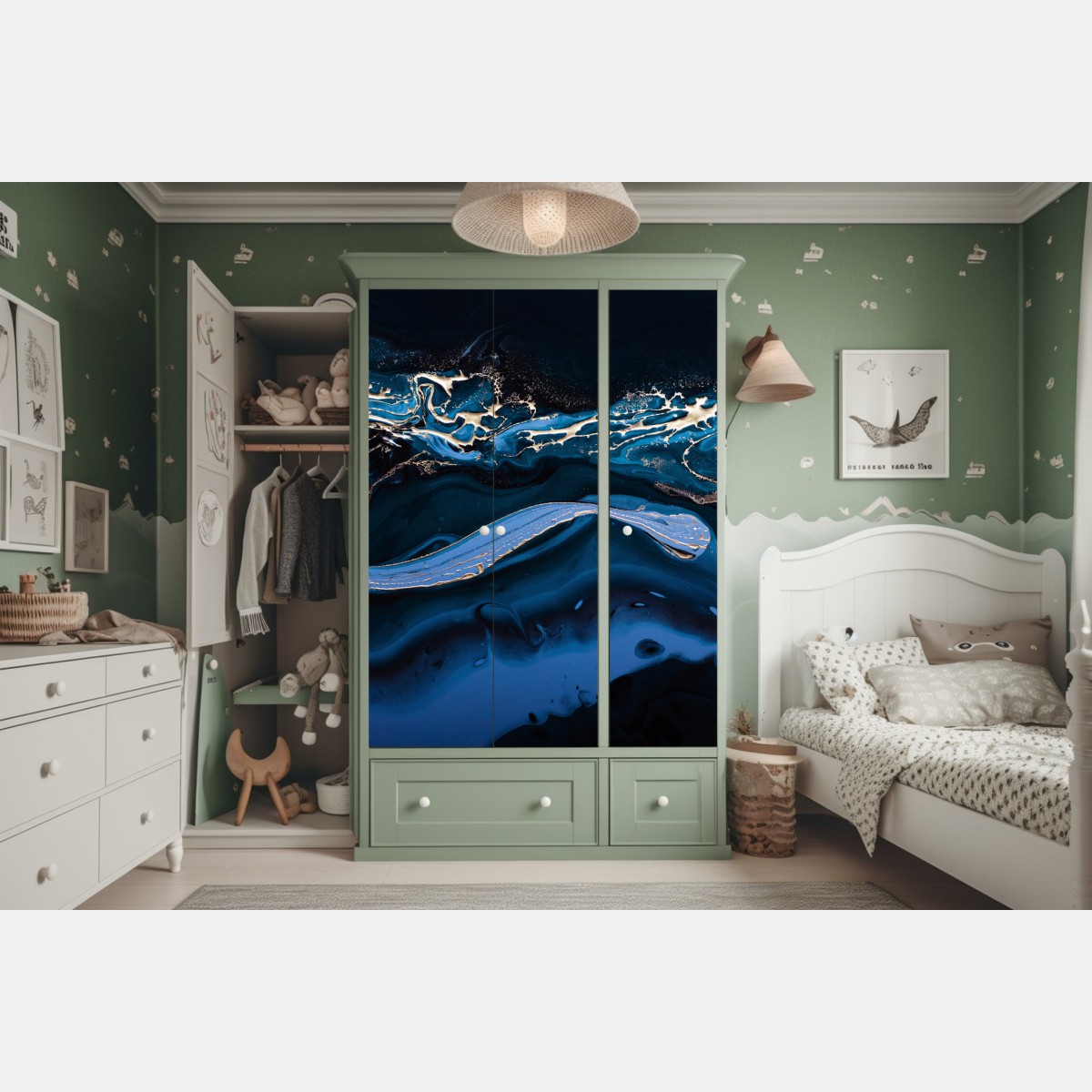 Naklejka na szafę granatowo-złota abstrakcja w ruchu – Wallissimo® Naklejka na szafę granatowo-złota abstrakcja w ruchu – Wallissimo®