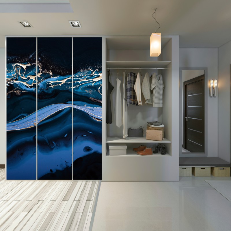 Naklejka na szafę granatowo-złota abstrakcja w ruchu – Wallissimo® Naklejka na szafę granatowo-złota abstrakcja w ruchu – Wallissimo®