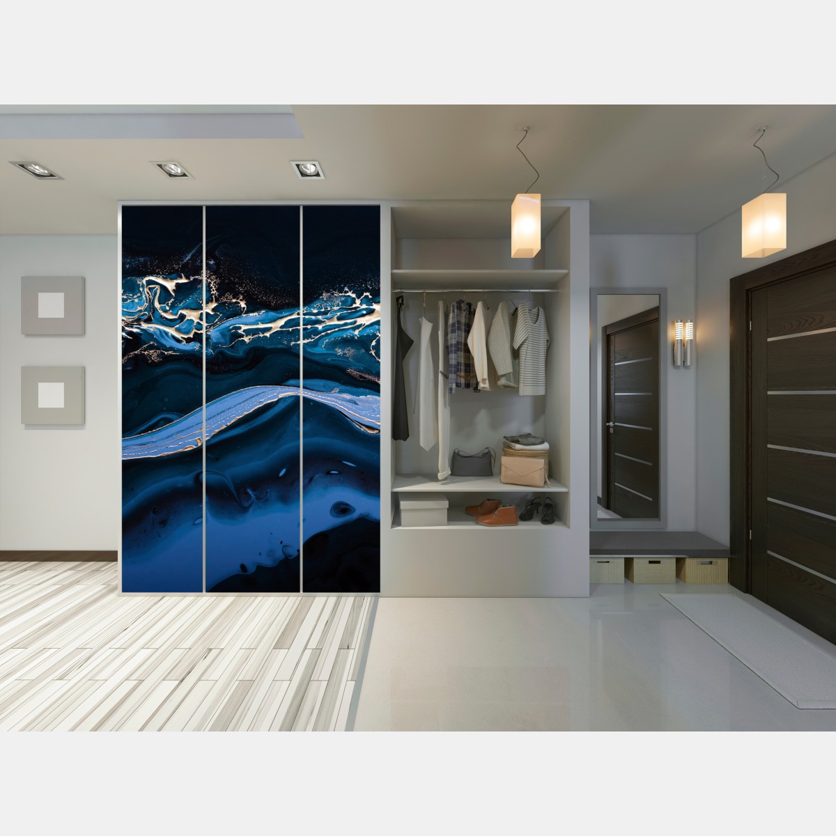 Naklejka na szafę granatowo-złota abstrakcja w ruchu – Wallissimo® Naklejka na szafę granatowo-złota abstrakcja w ruchu – Wallissimo®