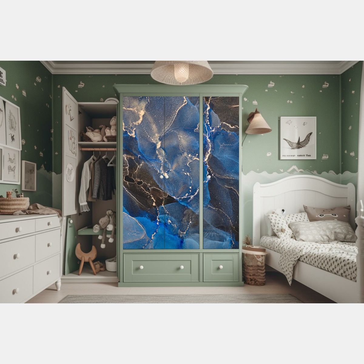 Naklejka na szafę luksusowe niebiesko-złote abstrakcyjne fale – Wallissimo® Naklejka na szafę luksusowe niebiesko-złote abstrakcyjne fale – Wallissimo®