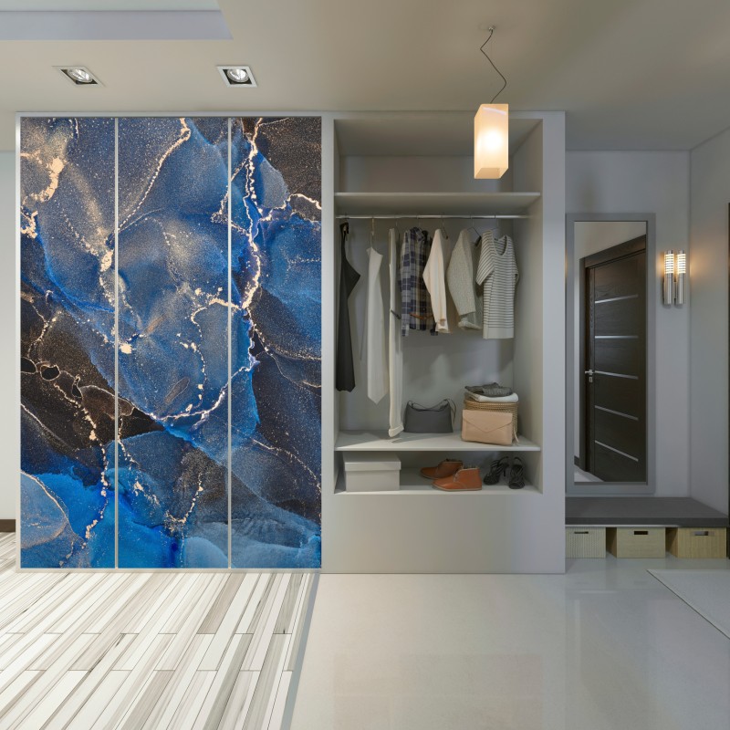 Naklejka na szafę luksusowe niebiesko-złote abstrakcyjne fale – Wallissimo® Naklejka na szafę luksusowe niebiesko-złote abstrakcyjne fale – Wallissimo®
