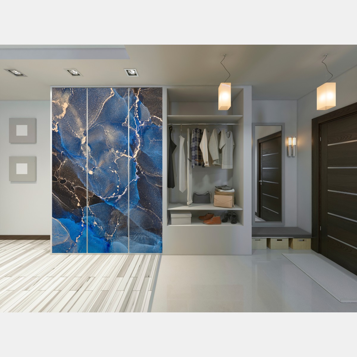 Naklejka na szafę luksusowe niebiesko-złote abstrakcyjne fale – Wallissimo® Naklejka na szafę luksusowe niebiesko-złote abstrakcyjne fale – Wallissimo®