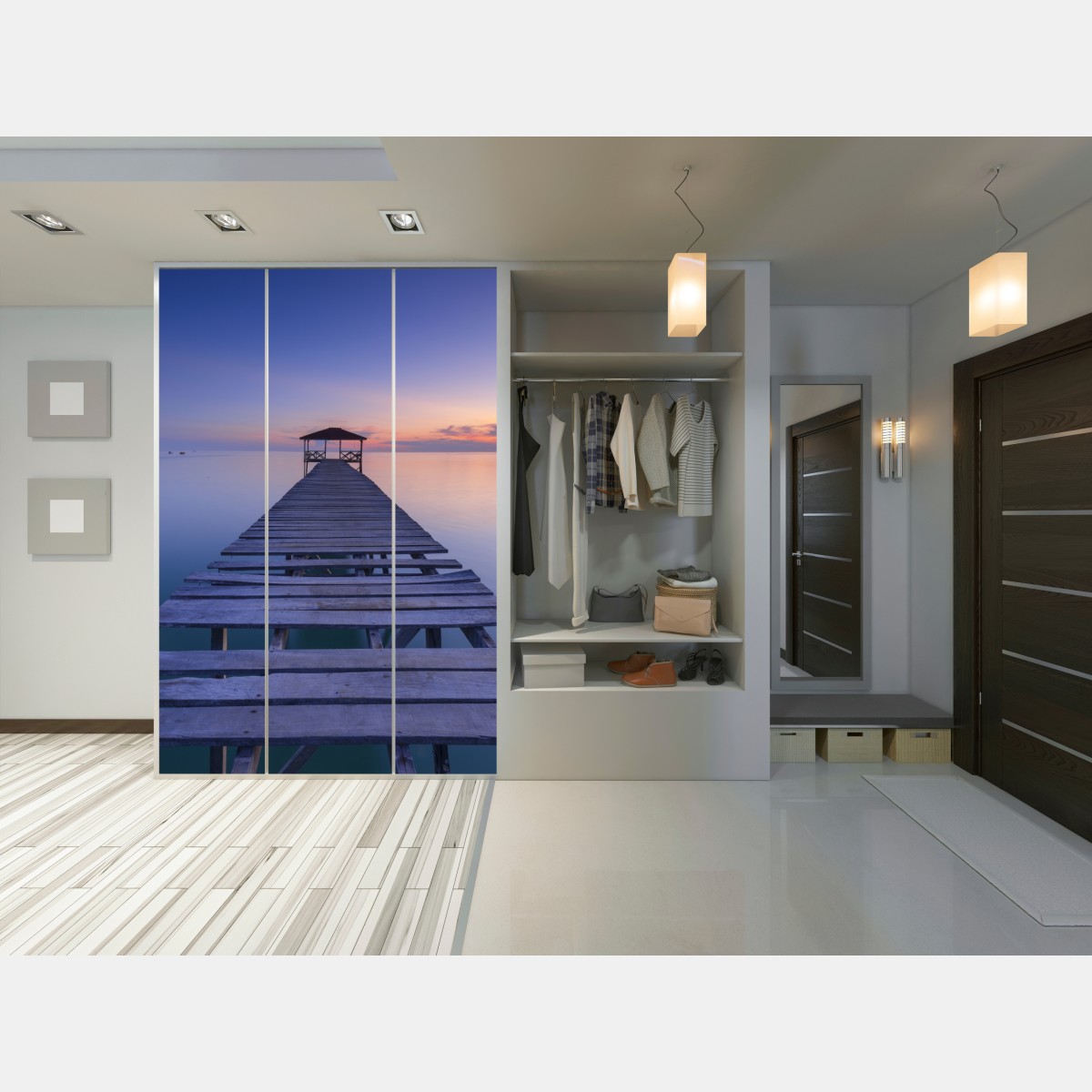 Naklejka na szafę spokojne drewniane molo o zachodzie słońca – Wallissimo® Naklejka na szafę spokojne drewniane molo o zachodzie słońca – Wallissimo®