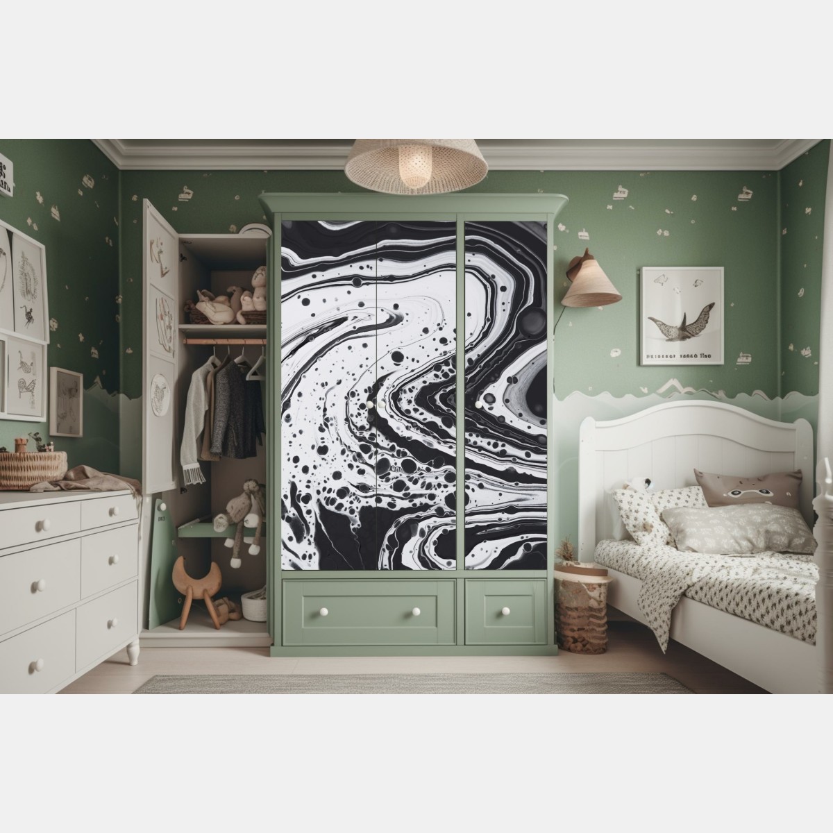 Naklejka na szafę czarno-biała marmurowa abstrakcja – Wallissimo® Naklejka na szafę czarno-biała marmurowa abstrakcja – Wallissimo®