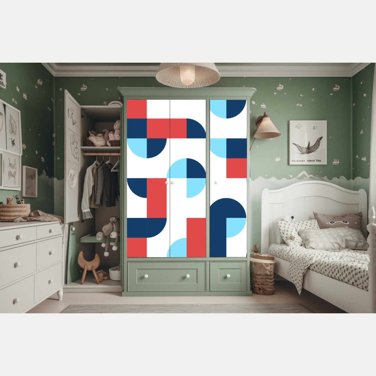 Naklejka na szafę odważny geometryczny wzór w granacie i koralu – Wallissimo® Naklejka na szafę odważny geometryczny wzór w granacie i koralu – Wallissimo®