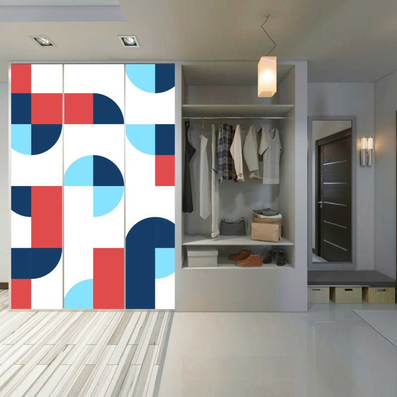 Naklejka na szafę odważny geometryczny wzór w granacie i koralu – Wallissimo® Naklejka na szafę odważny geometryczny wzór w granacie i koralu – Wallissimo®