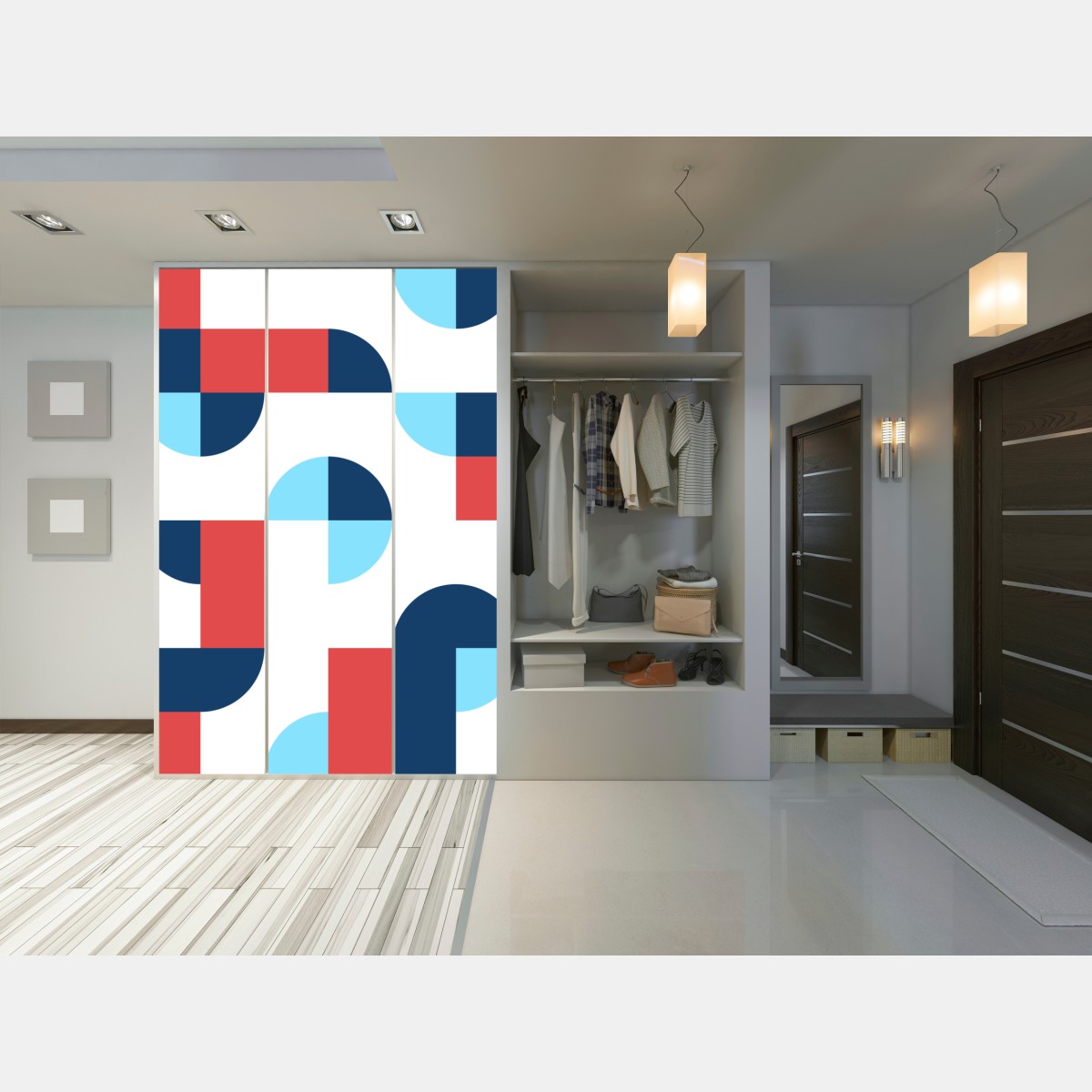 Naklejka na szafę odważny geometryczny wzór w granacie i koralu – Wallissimo® Naklejka na szafę odważny geometryczny wzór w granacie i koralu – Wallissimo®