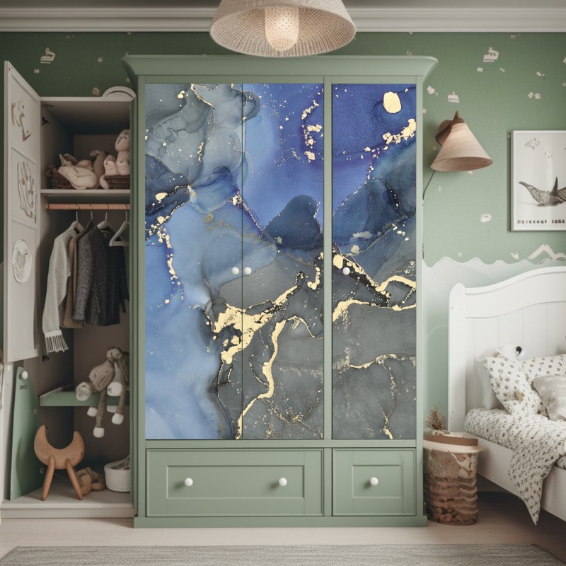 Naklejka na szafę luksusowa niebiesko-złota abstrakcja fluidalna