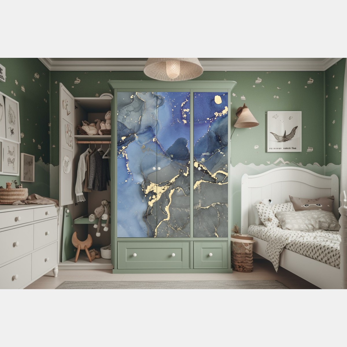 Naklejka na szafę luksusowa niebiesko-złota abstrakcja fluidalna – Wallissimo® Naklejka na szafę luksusowa niebiesko-złota abstrakcja fluidalna – Wallissimo®