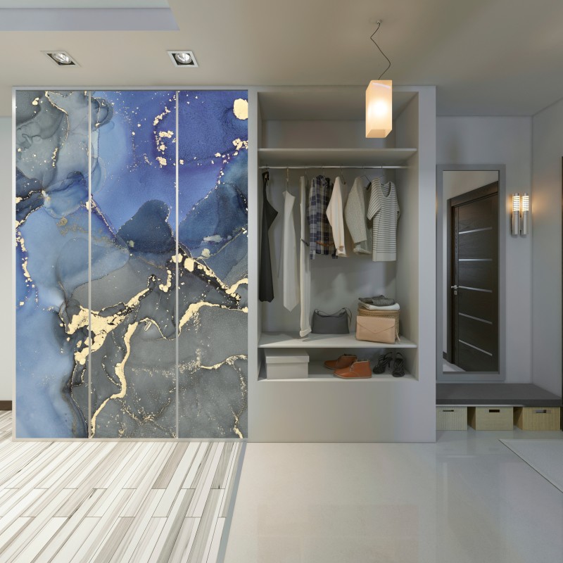 Naklejka na szafę luksusowa niebiesko-złota abstrakcja fluidalna – Wallissimo® Naklejka na szafę luksusowa niebiesko-złota abstrakcja fluidalna – Wallissimo®