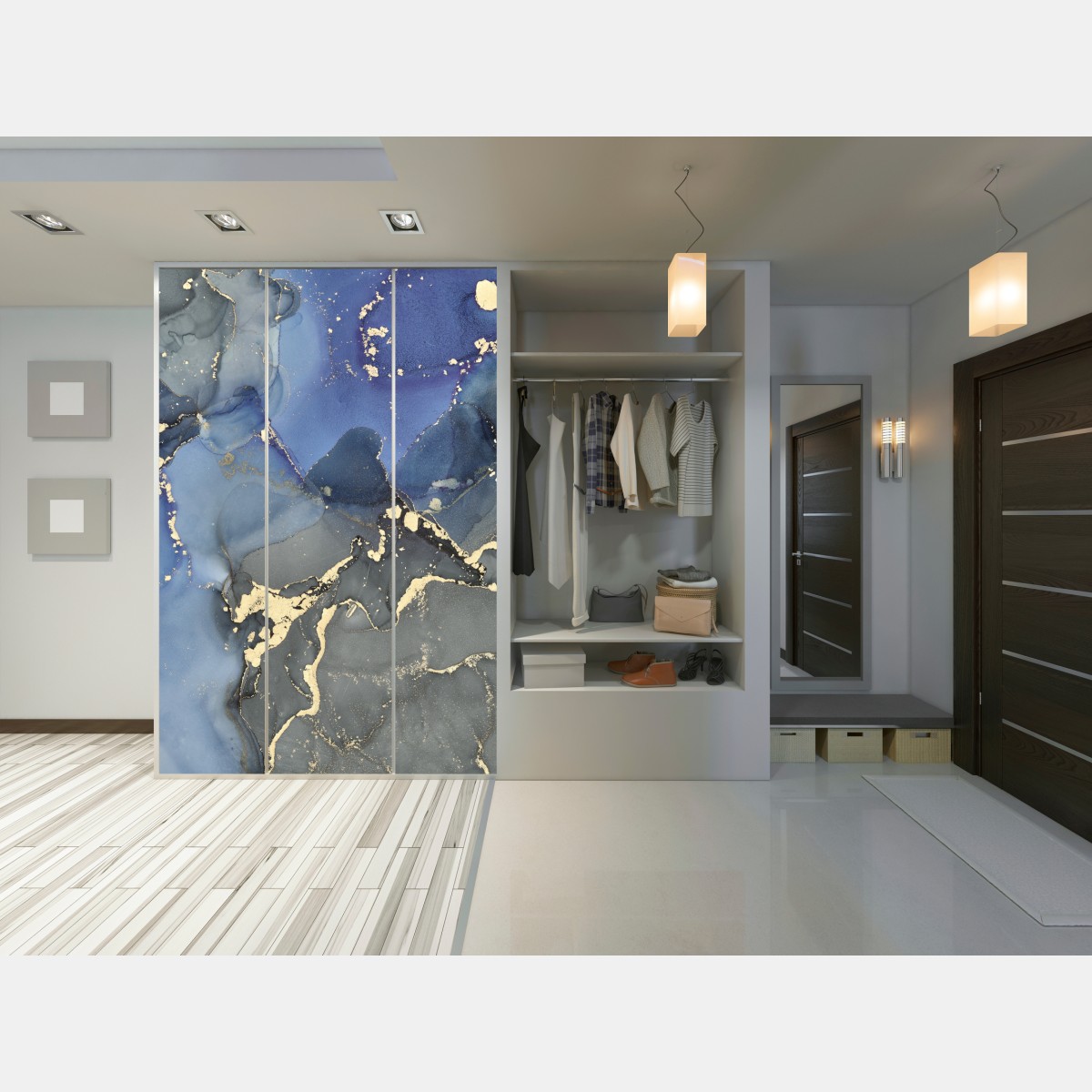 Naklejka na szafę luksusowa niebiesko-złota abstrakcja fluidalna – Wallissimo® Naklejka na szafę luksusowa niebiesko-złota abstrakcja fluidalna – Wallissimo®