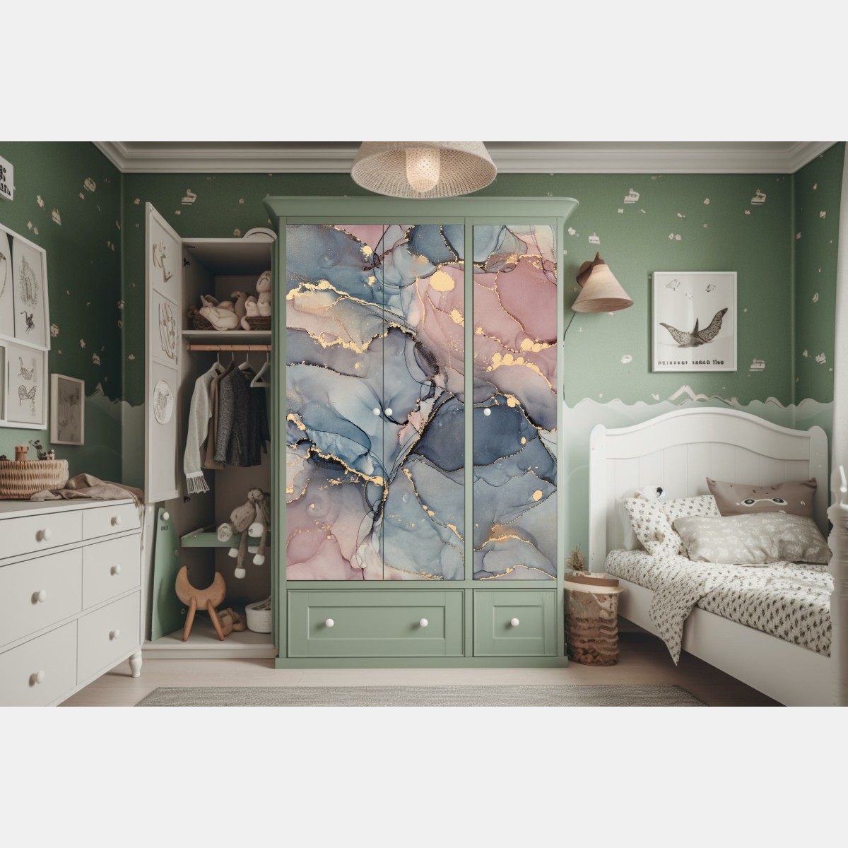 Naklejka na szafę delikatne pastelowe płynne marmury ze złotymi żyłkami – Wallissimo® Naklejka na szafę delikatne pastelowe płynne marmury ze złotymi żyłkami – Wallissimo®