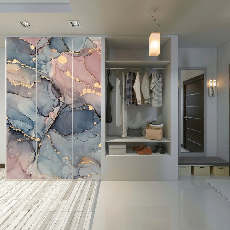 Naklejka na szafę delikatne pastelowe płynne marmury ze złotymi żyłkami – Wallissimo® Naklejka na szafę delikatne pastelowe płynne marmury ze złotymi żyłkami – Wallissimo®