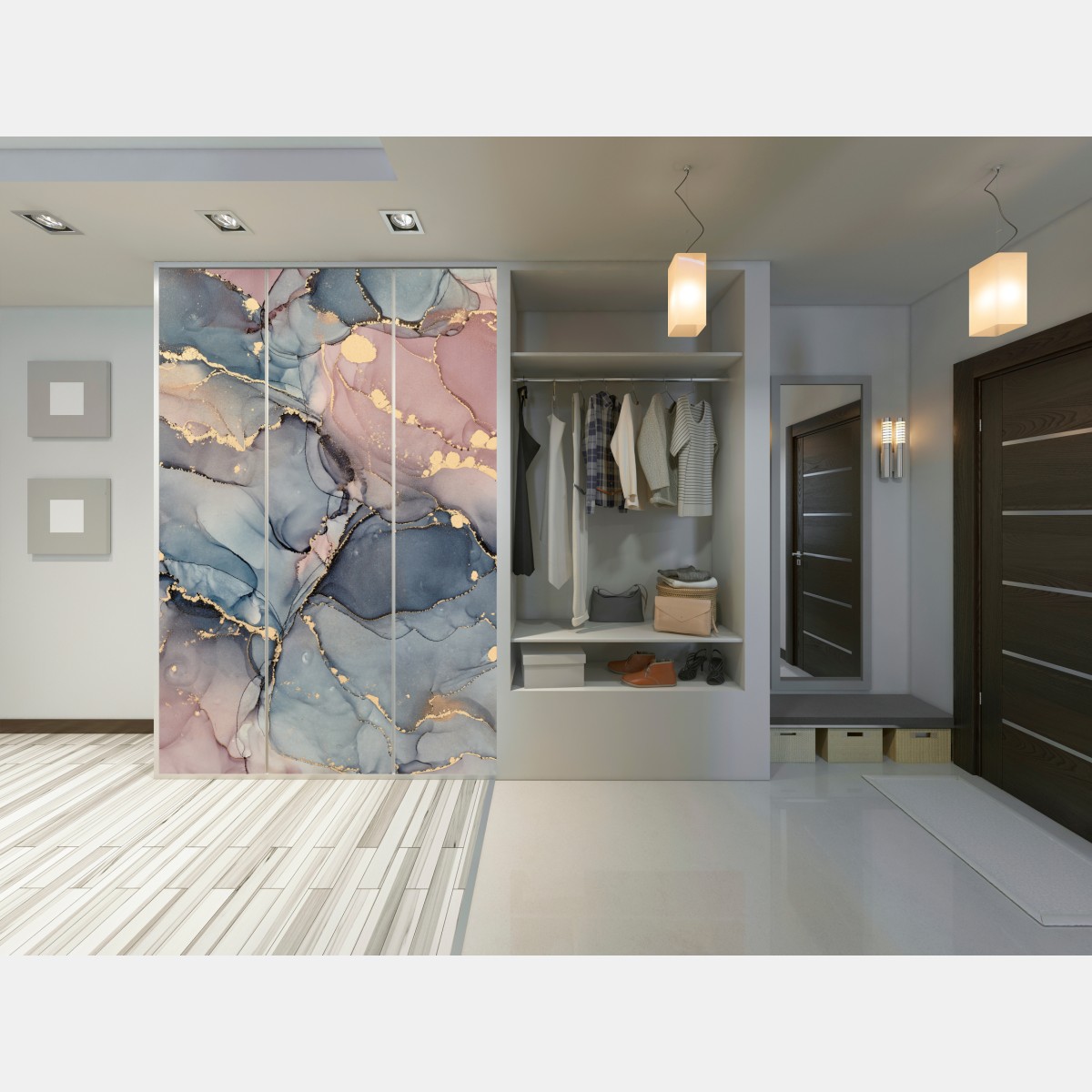 Naklejka na szafę delikatne pastelowe płynne marmury ze złotymi żyłkami – Wallissimo® Naklejka na szafę delikatne pastelowe płynne marmury ze złotymi żyłkami – Wallissimo®