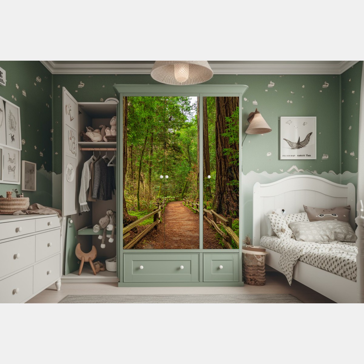 Naklejka na szafę majestatyczna ścieżka w lesie sekwoi – Wallissimo® Naklejka na szafę majestatyczna ścieżka w lesie sekwoi – Wallissimo®
