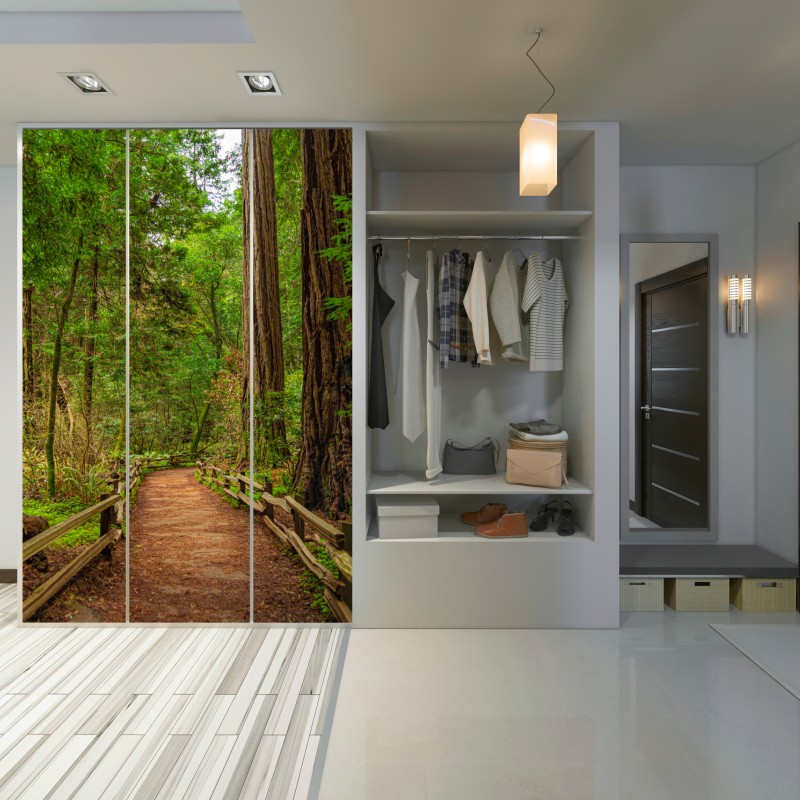 Naklejka na szafę majestatyczna ścieżka w lesie sekwoi – Wallissimo® Naklejka na szafę majestatyczna ścieżka w lesie sekwoi – Wallissimo®