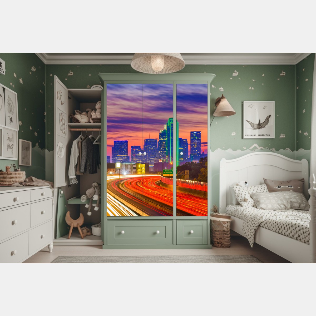 Naklejka na szafę panorama Dallas o zachodzie słońca z świetlnymi smugami autostrady – Wallissimo® Naklejka na szafę panorama Dallas o zachodzie słońca z świetlnymi smugami autostrady – Wallissimo®