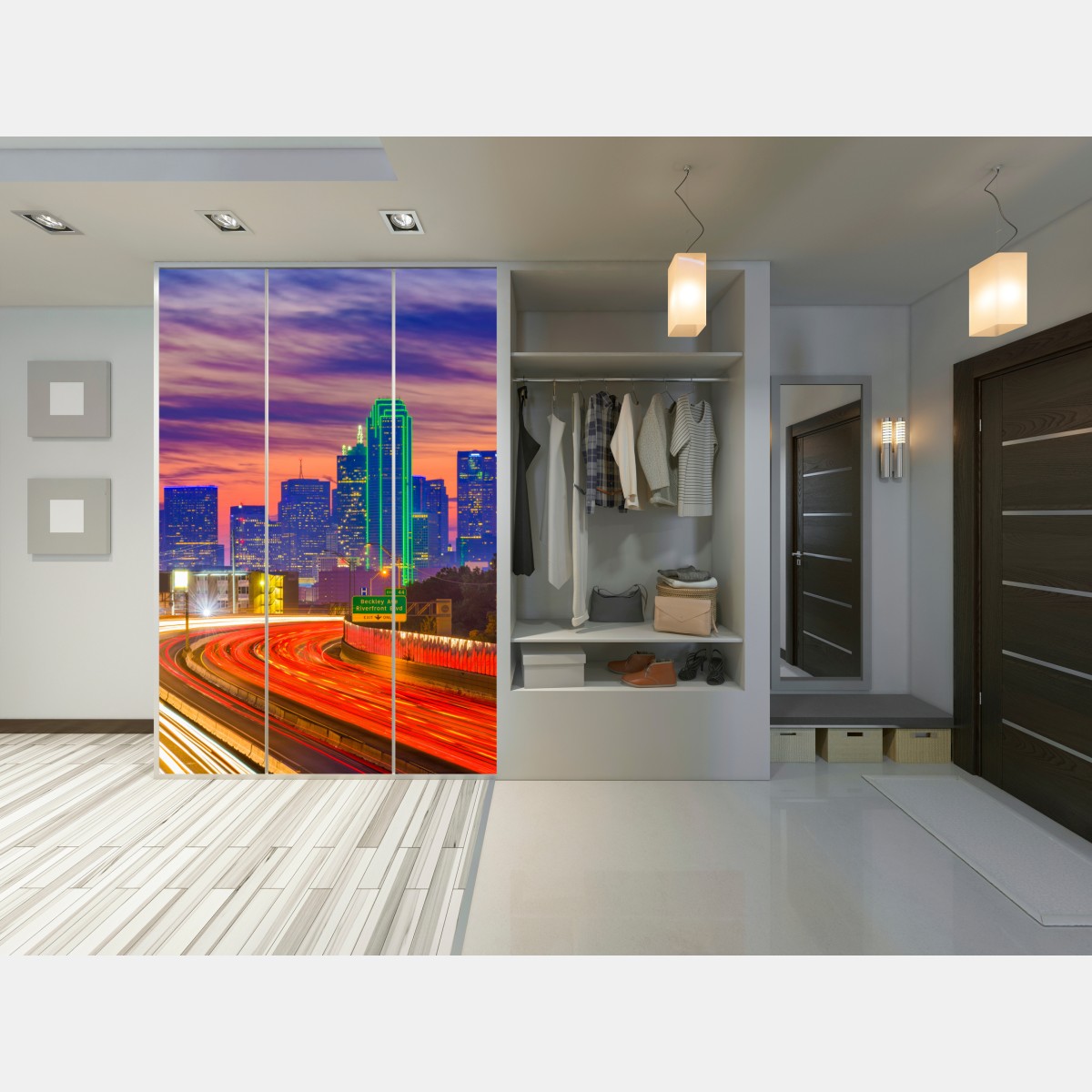 Naklejka na szafę panorama Dallas o zachodzie słońca z świetlnymi smugami autostrady – Wallissimo® Naklejka na szafę panorama Dallas o zachodzie słońca z świetlnymi smugami autostrady – Wallissimo®