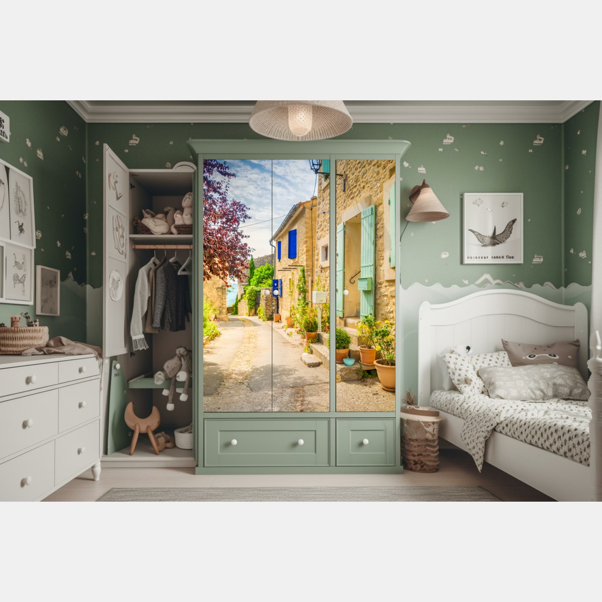 Naklejka na szafę słoneczna uliczka z kamiennymi domami i kolorowymi okiennicami – Wallissimo® Naklejka na szafę słoneczna uliczka z kamiennymi domami i kolorowymi okiennicami – Wallissimo®