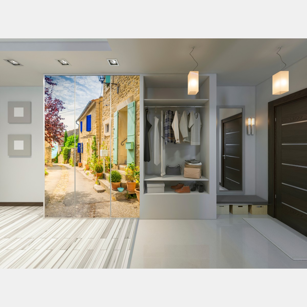 Naklejka na szafę słoneczna uliczka z kamiennymi domami i kolorowymi okiennicami – Wallissimo® Naklejka na szafę słoneczna uliczka z kamiennymi domami i kolorowymi okiennicami – Wallissimo®