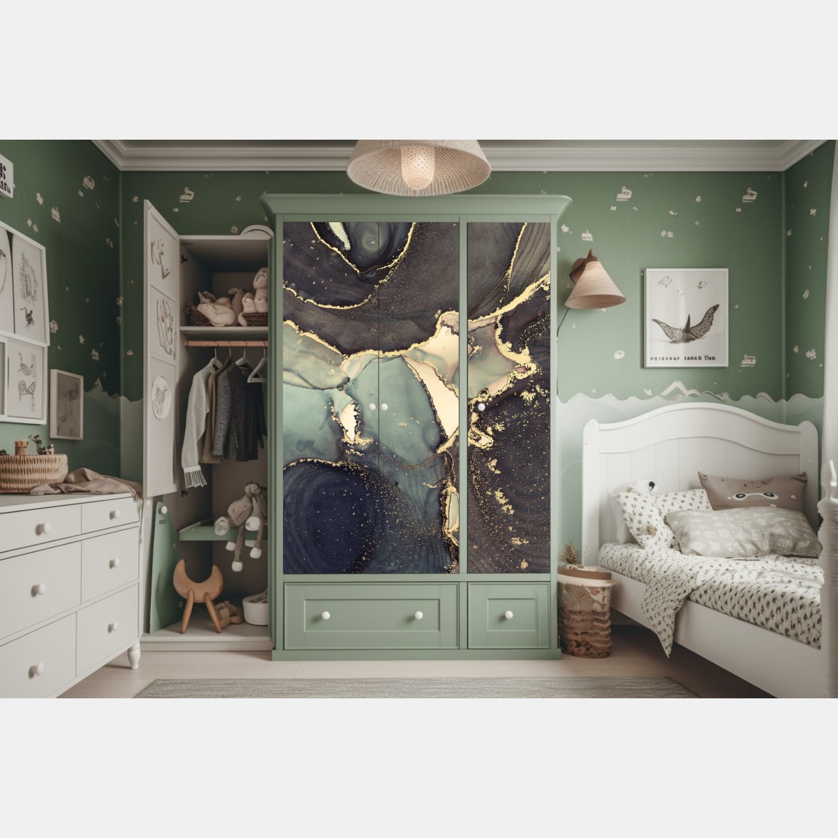 Naklejka na szafę turkusowo-złota abstrakcja w technice alcohol ink – Wallissimo® Naklejka na szafę turkusowo-złota abstrakcja w technice alcohol ink – Wallissimo®