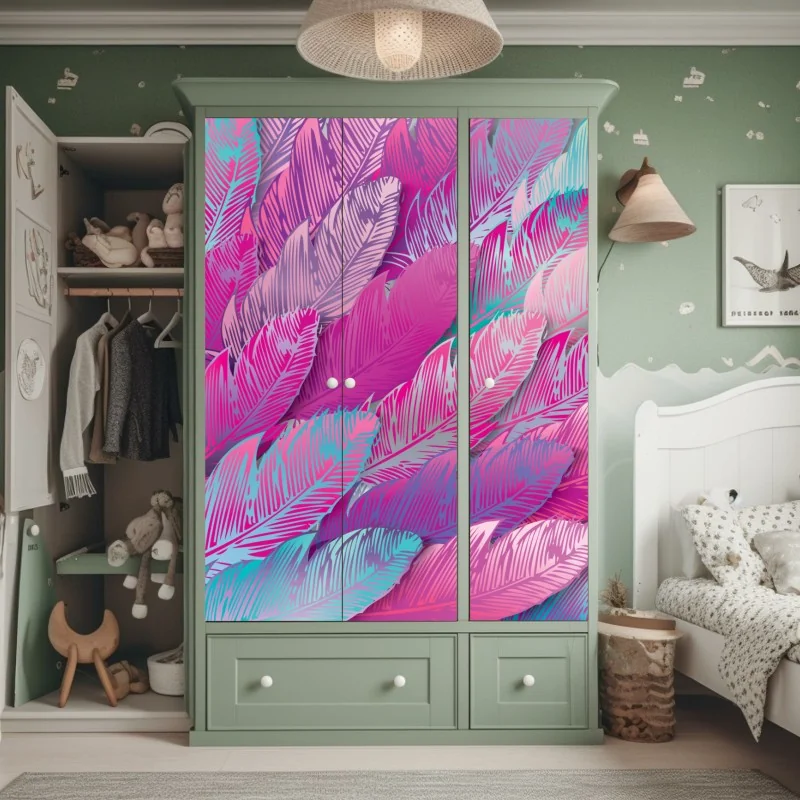 Naklejka na szafę iryzujący różowy wzór piór – Wallissimo® Naklejka na szafę iryzujący różowy wzór piór – Wallissimo®