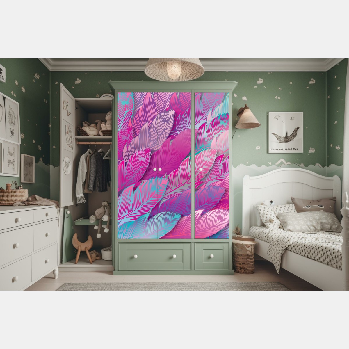 Naklejka na szafę iryzujący różowy wzór piór – Wallissimo® Naklejka na szafę iryzujący różowy wzór piór – Wallissimo®