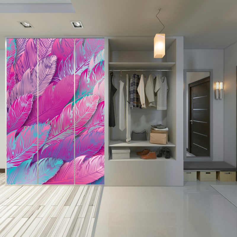 Naklejka na szafę iryzujący różowy wzór piór – Wallissimo® Naklejka na szafę iryzujący różowy wzór piór – Wallissimo®
