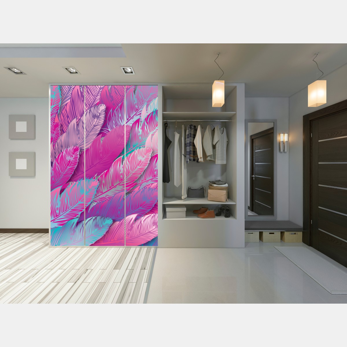 Naklejka na szafę iryzujący różowy wzór piór – Wallissimo® Naklejka na szafę iryzujący różowy wzór piór – Wallissimo®