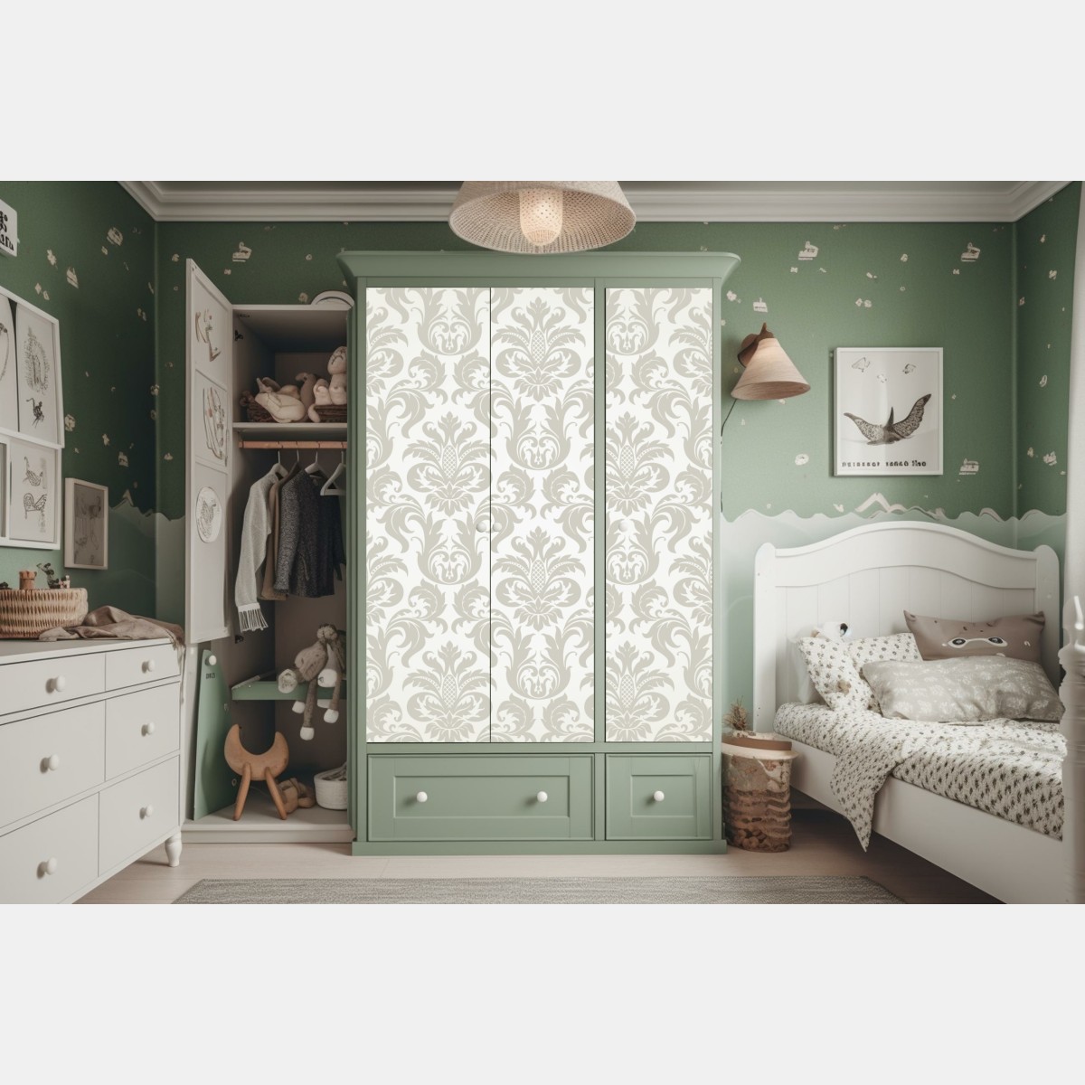 Naklejka na szafę elegancki beżowy wzór damask – Wallissimo® Naklejka na szafę elegancki beżowy wzór damask – Wallissimo®