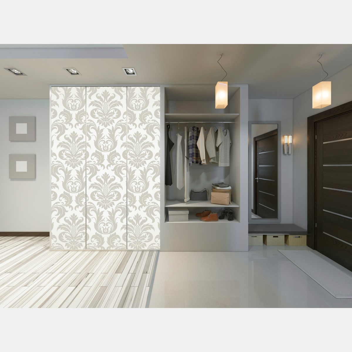 Naklejka na szafę elegancki beżowy wzór damask – Wallissimo® Naklejka na szafę elegancki beżowy wzór damask – Wallissimo®