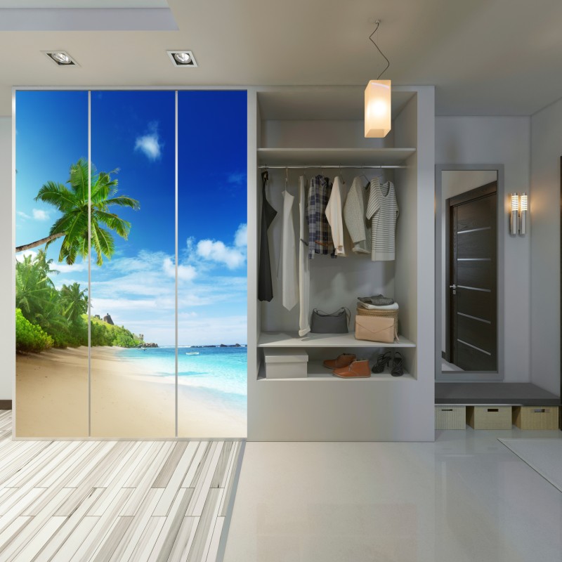 Naklejka na szafę zachód słońca na plaży Mahe, Seszele – Wallissimo® Naklejka na szafę zachód słońca na plaży Mahe, Seszele – Wallissimo®