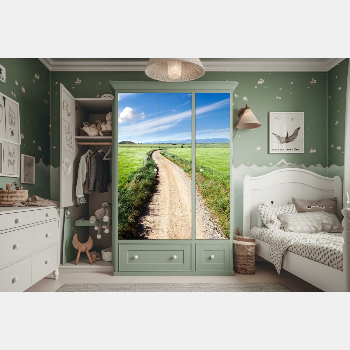 Naklejka na szafę wijąca się wiejska droga przez zielone łąki – Wallissimo® Naklejka na szafę wijąca się wiejska droga przez zielone łąki – Wallissimo®