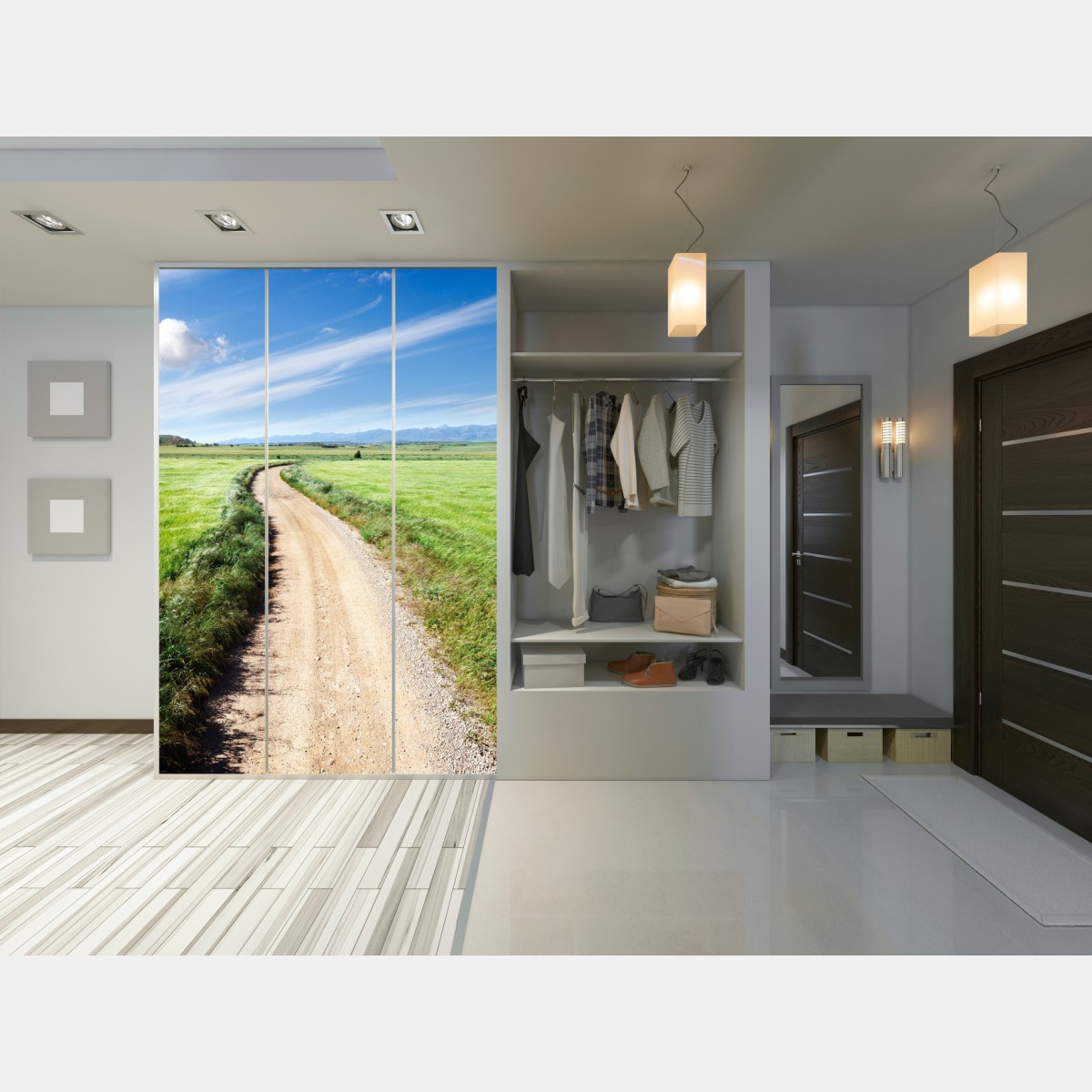 Naklejka na szafę wijąca się wiejska droga przez zielone łąki – Wallissimo® Naklejka na szafę wijąca się wiejska droga przez zielone łąki – Wallissimo®