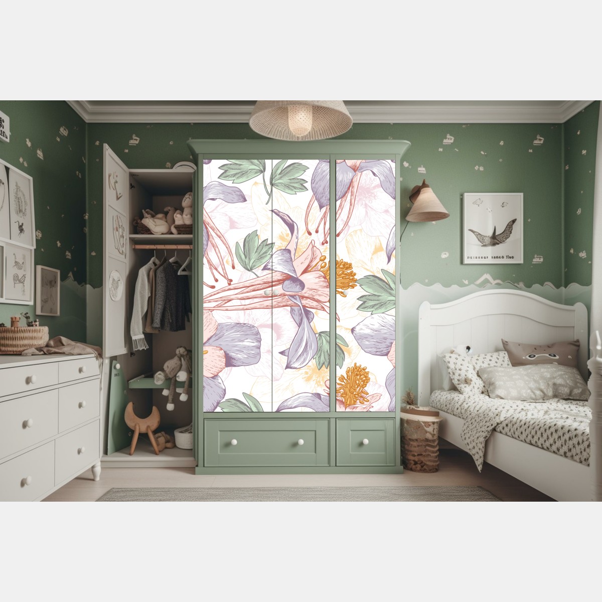 Naklejka na szafę delikatne pastelowe kwiaty w stylu botanicznym – Wallissimo® Naklejka na szafę delikatne pastelowe kwiaty w stylu botanicznym – Wallissimo®