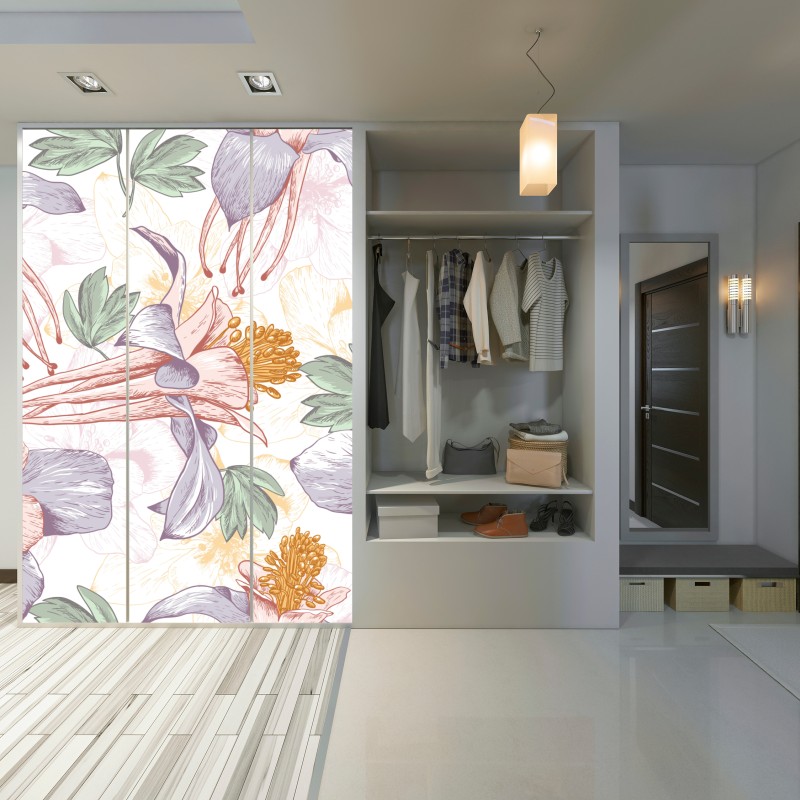 Naklejka na szafę delikatne pastelowe kwiaty w stylu botanicznym – Wallissimo® Naklejka na szafę delikatne pastelowe kwiaty w stylu botanicznym – Wallissimo®