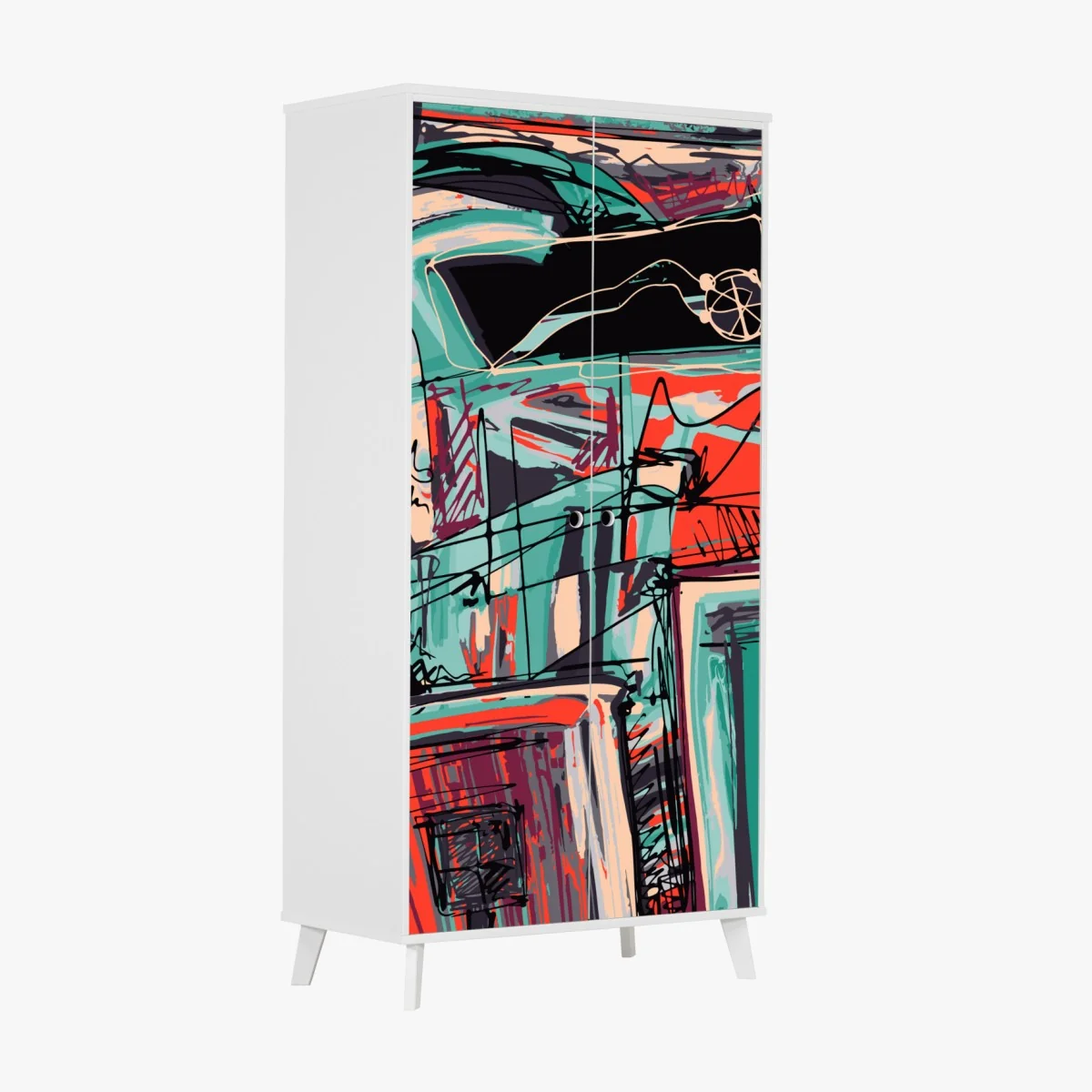 Naklejka na szafę turkusowo-koralowa abstrakcyjna kompozycja – Wallissimo® Naklejka na szafę turkusowo-koralowa abstrakcyjna kompozycja – Wallissimo®