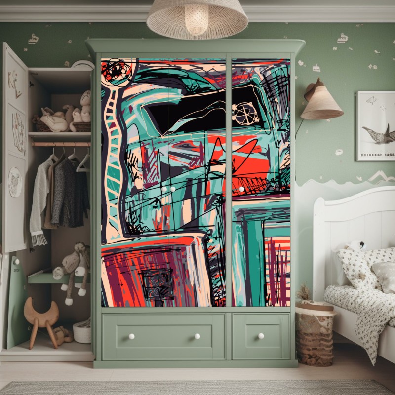 Naklejka na szafę turkusowo-koralowa abstrakcyjna kompozycja – Wallissimo® Naklejka na szafę turkusowo-koralowa abstrakcyjna kompozycja – Wallissimo®