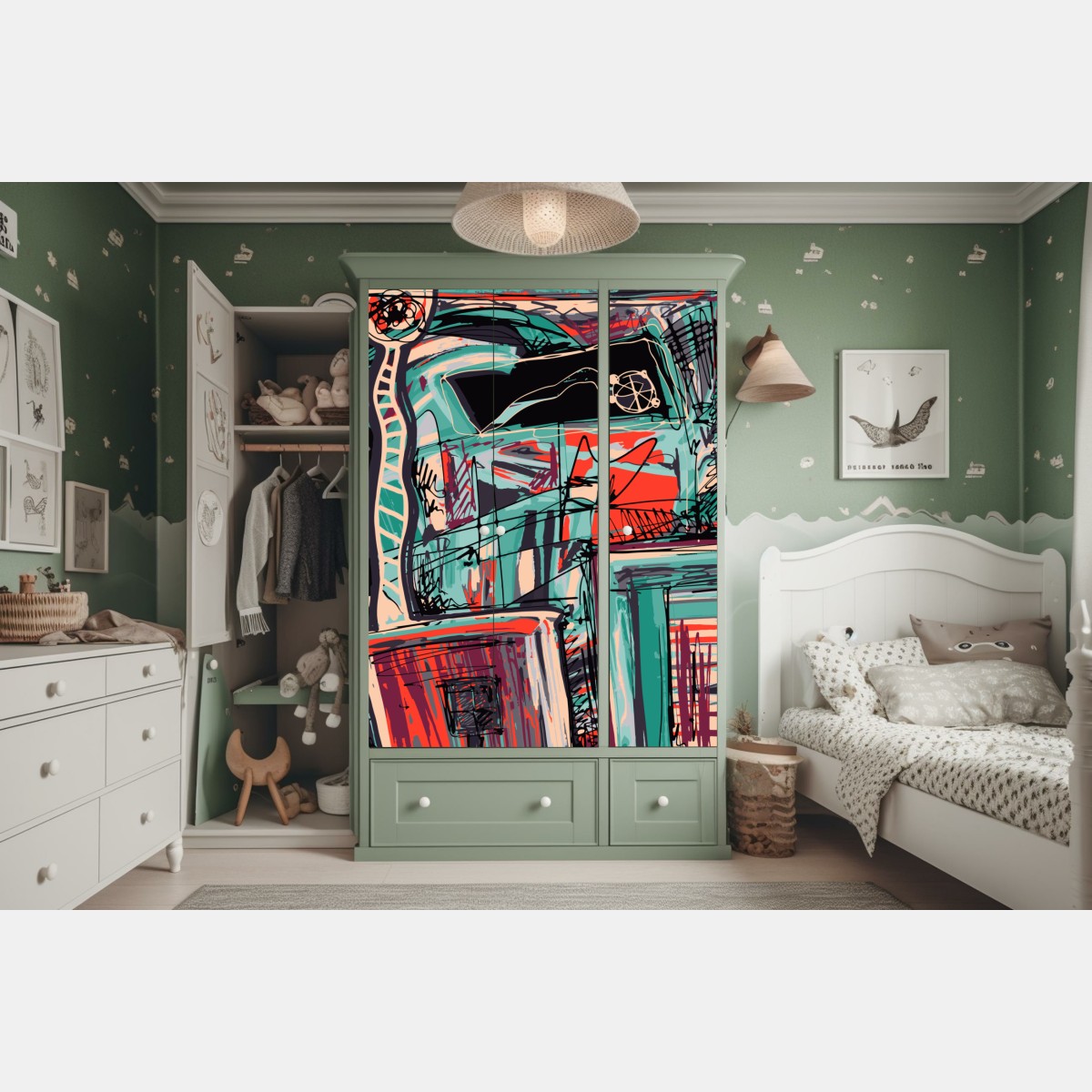 Naklejka na szafę turkusowo-koralowa abstrakcyjna kompozycja – Wallissimo® Naklejka na szafę turkusowo-koralowa abstrakcyjna kompozycja – Wallissimo®