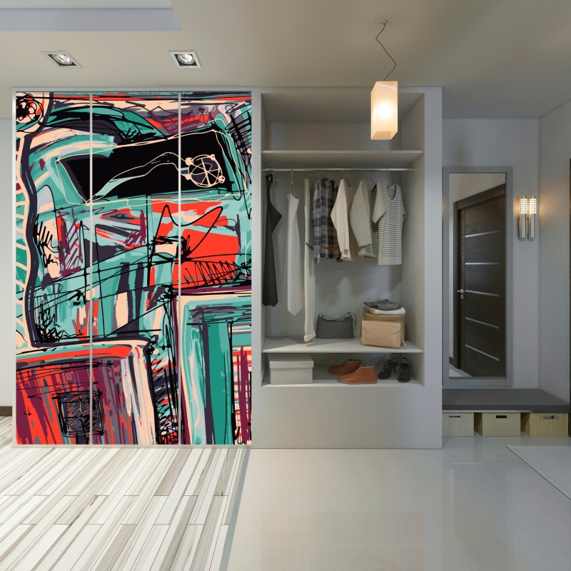 Naklejka na szafę turkusowo-koralowa abstrakcyjna kompozycja – Wallissimo® Naklejka na szafę turkusowo-koralowa abstrakcyjna kompozycja – Wallissimo®