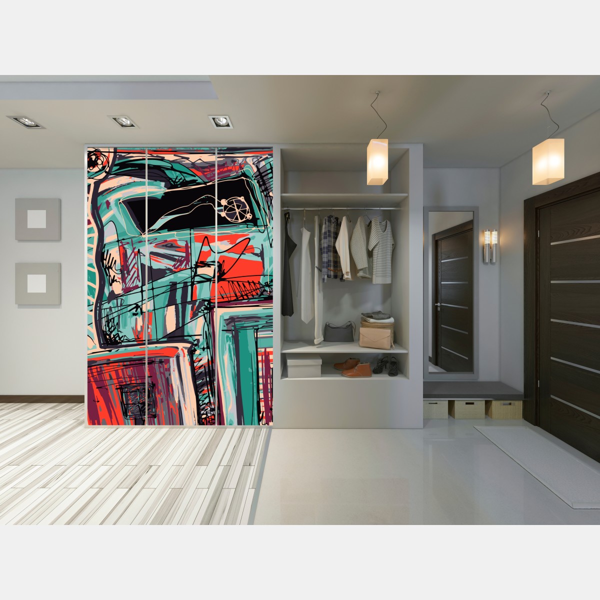 Naklejka na szafę turkusowo-koralowa abstrakcyjna kompozycja – Wallissimo® Naklejka na szafę turkusowo-koralowa abstrakcyjna kompozycja – Wallissimo®