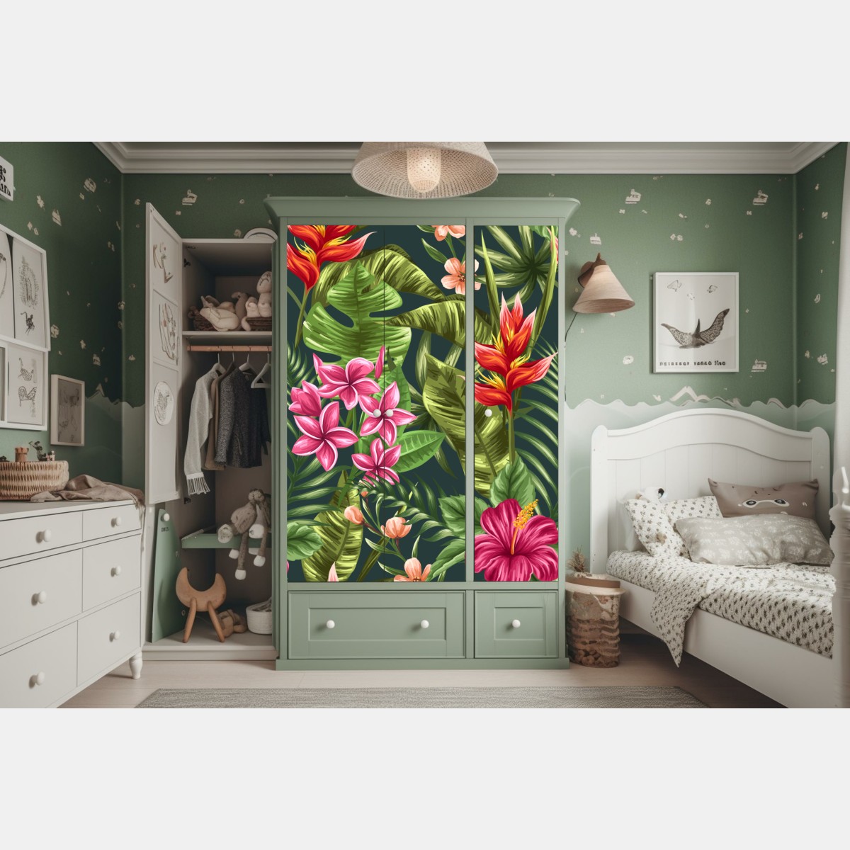 Naklejka na szafę tropikalny wzór hibiskusa i plumerii – Wallissimo® Naklejka na szafę tropikalny wzór hibiskusa i plumerii – Wallissimo®