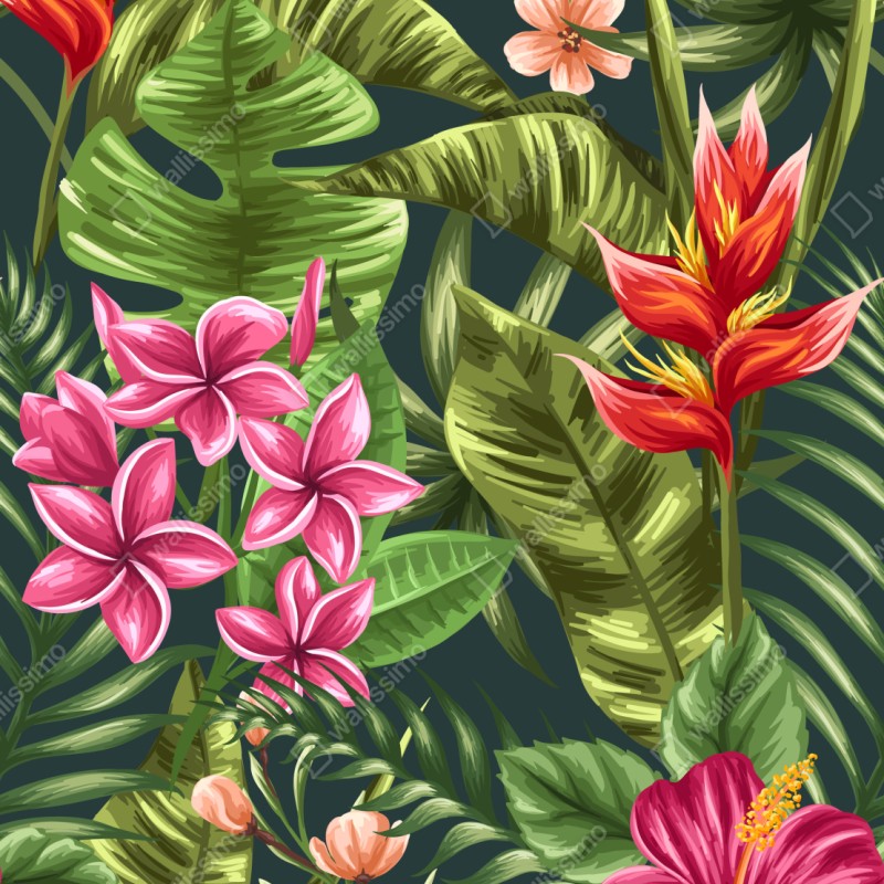 Naklejka na szafę tropikalny wzór hibiskusa i plumerii – Wallissimo® Naklejka na szafę tropikalny wzór hibiskusa i plumerii – Wallissimo®