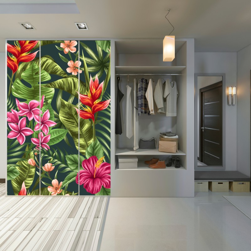 Naklejka na szafę tropikalny wzór hibiskusa i plumerii – Wallissimo® Naklejka na szafę tropikalny wzór hibiskusa i plumerii – Wallissimo®