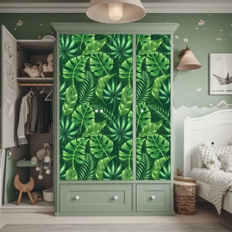 Naklejka na szafę tropikalny wzór z liśćmi monstery – Wallissimo® Naklejka na szafę tropikalny wzór z liśćmi monstery – Wallissimo®