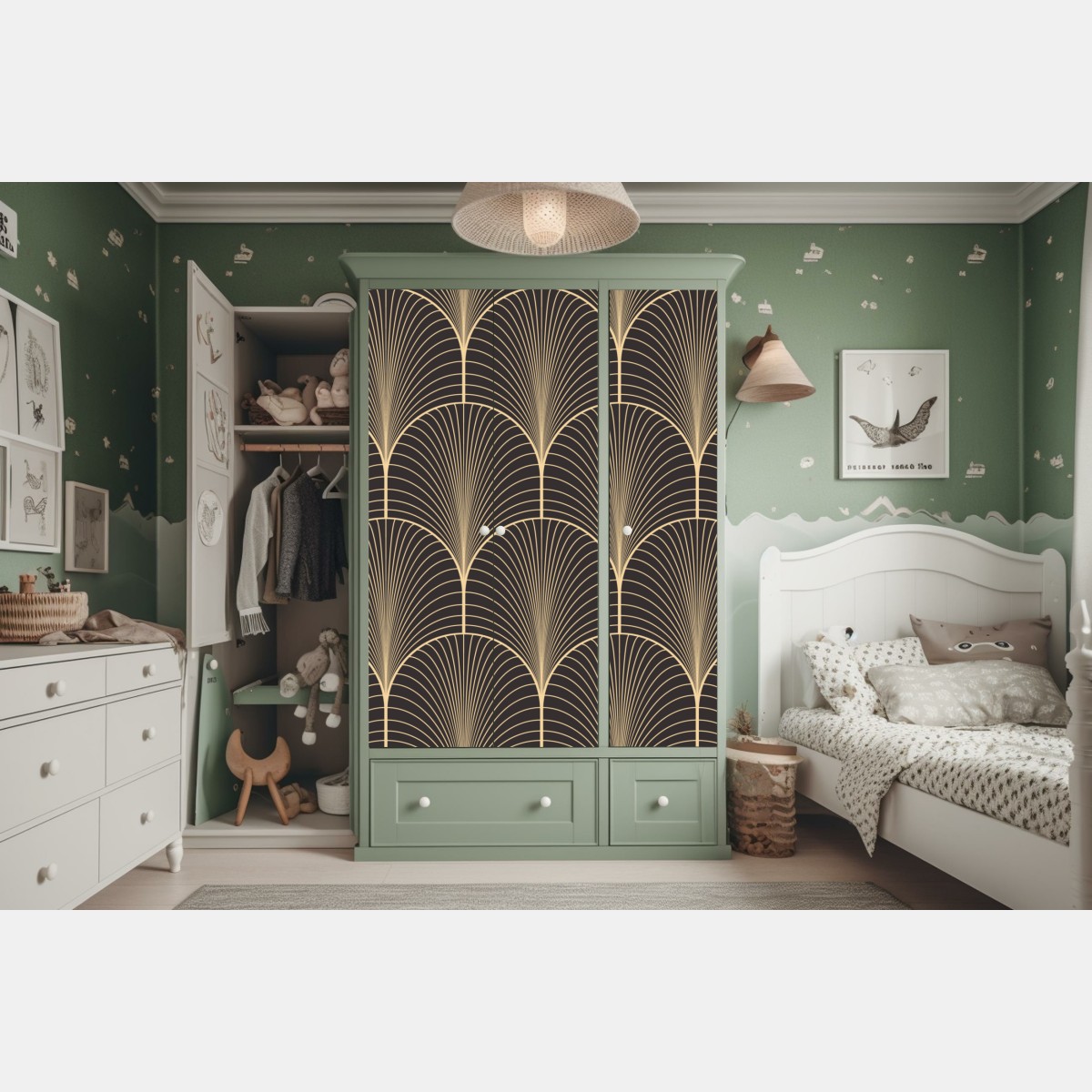 Naklejka na szafę art deco złoty wzór wachlarza – Wallissimo® Naklejka na szafę art deco złoty wzór wachlarza – Wallissimo®