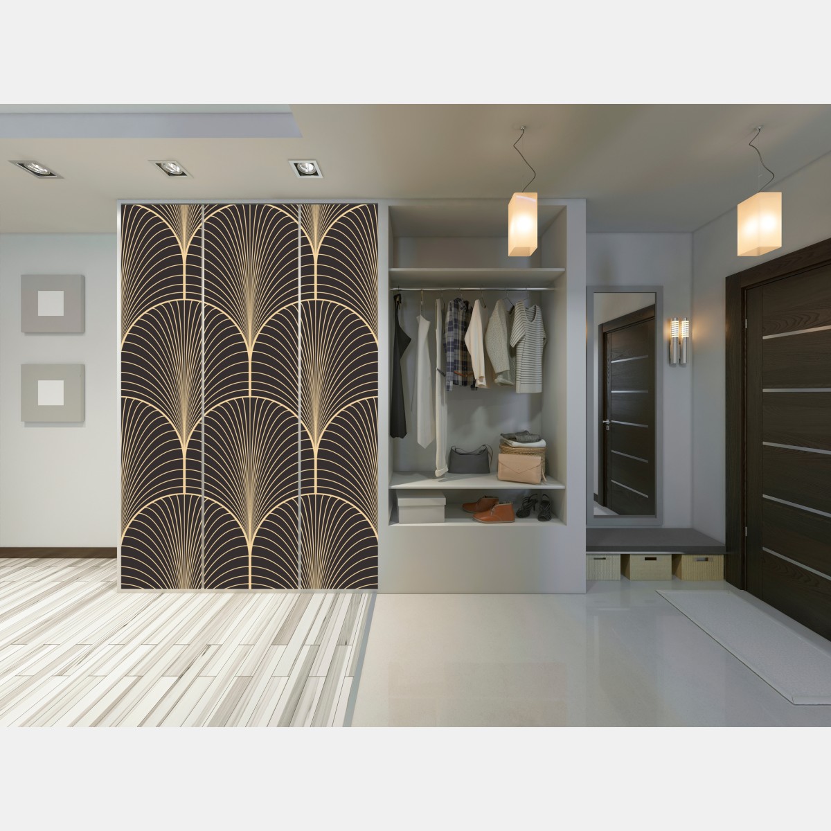 Naklejka na szafę art deco złoty wzór wachlarza – Wallissimo® Naklejka na szafę art deco złoty wzór wachlarza – Wallissimo®