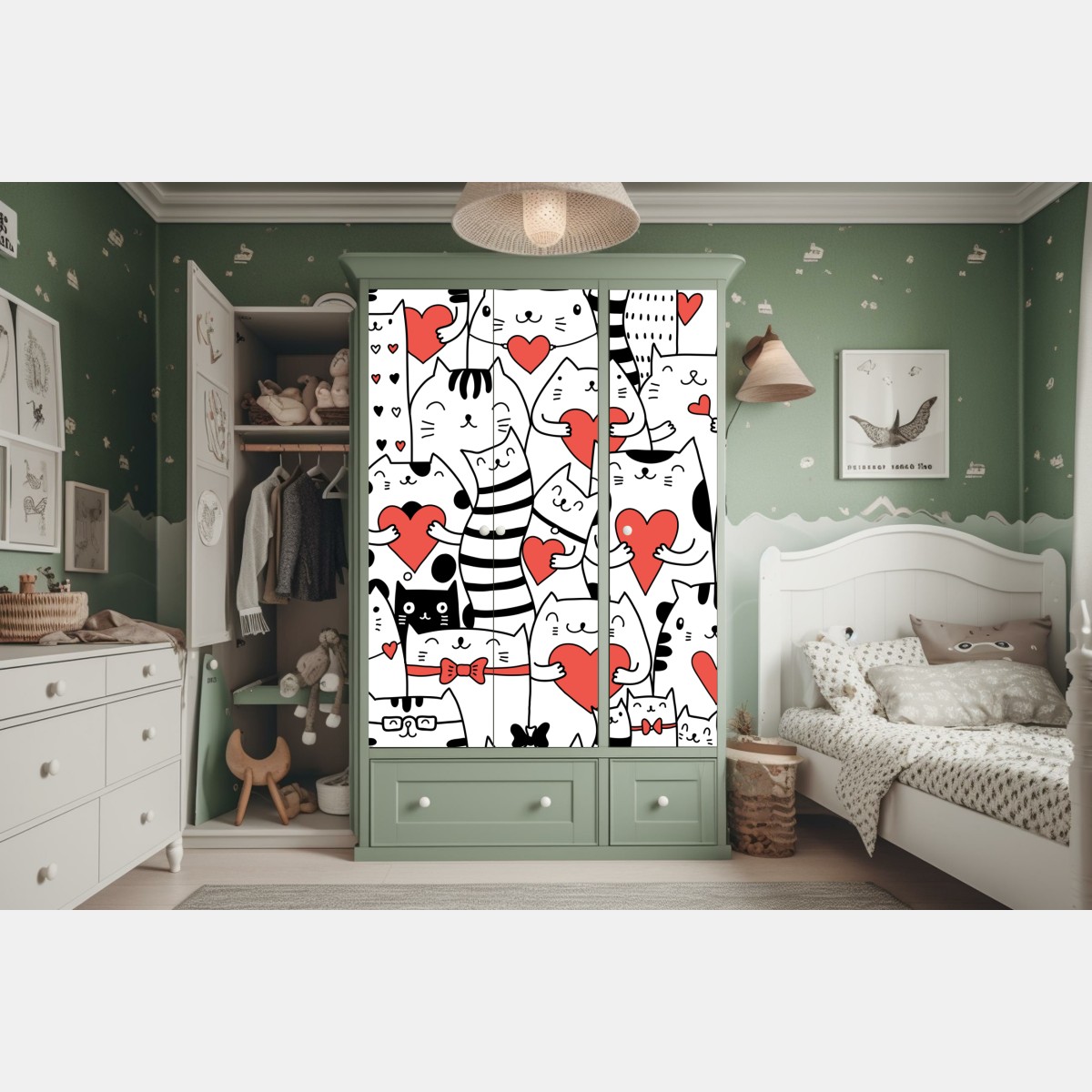 Naklejka na szafę urocze koty z sercami wzór – Wallissimo® Naklejka na szafę urocze koty z sercami wzór – Wallissimo®