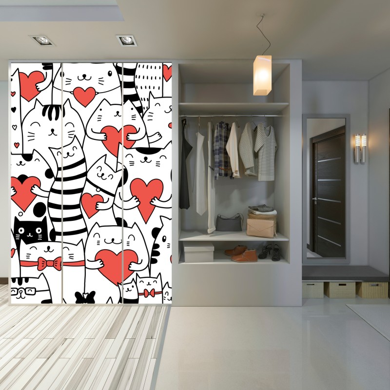 Naklejka na szafę urocze koty z sercami wzór – Wallissimo® Naklejka na szafę urocze koty z sercami wzór – Wallissimo®