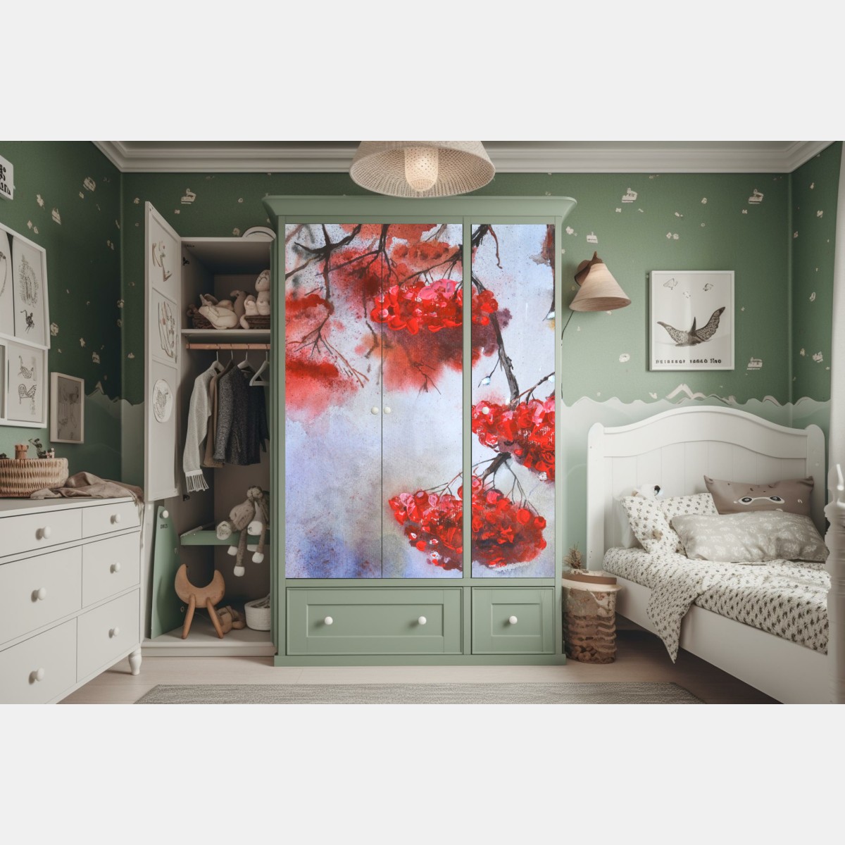 Naklejka na szafę akwarela czerwonych jagód na gałęziach – Wallissimo® Naklejka na szafę akwarela czerwonych jagód na gałęziach – Wallissimo®